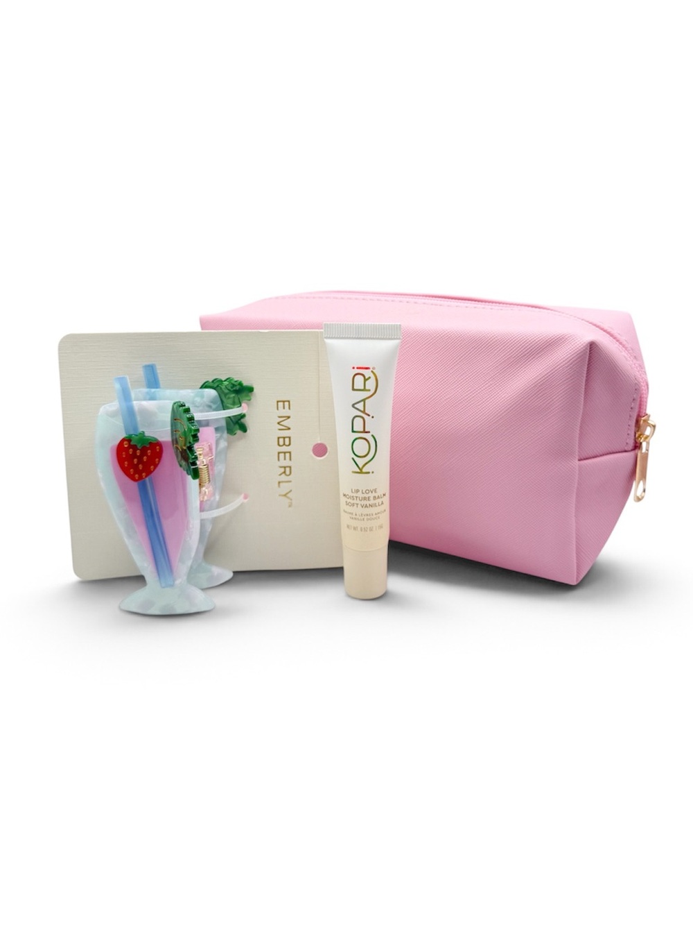 Pink Beauty Gift Set – Kopari Lip Balm, Emberly Hair Clip & Makeup Bag